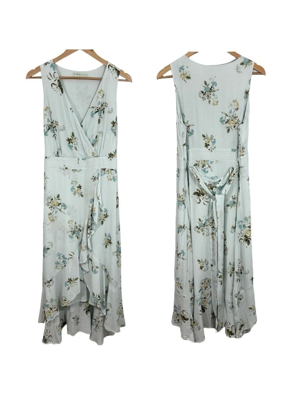 Cleo Petites Blue Floral Midi Dress 14P Wrap Style Sleeveless Ruffle Hem Garden - Picture 2 of 15